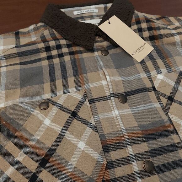 Scotch & Soda Sherpa Lined Plaid Flannel Jacket Tan Brown Mocha Men's Size M - Picture 2 of 6